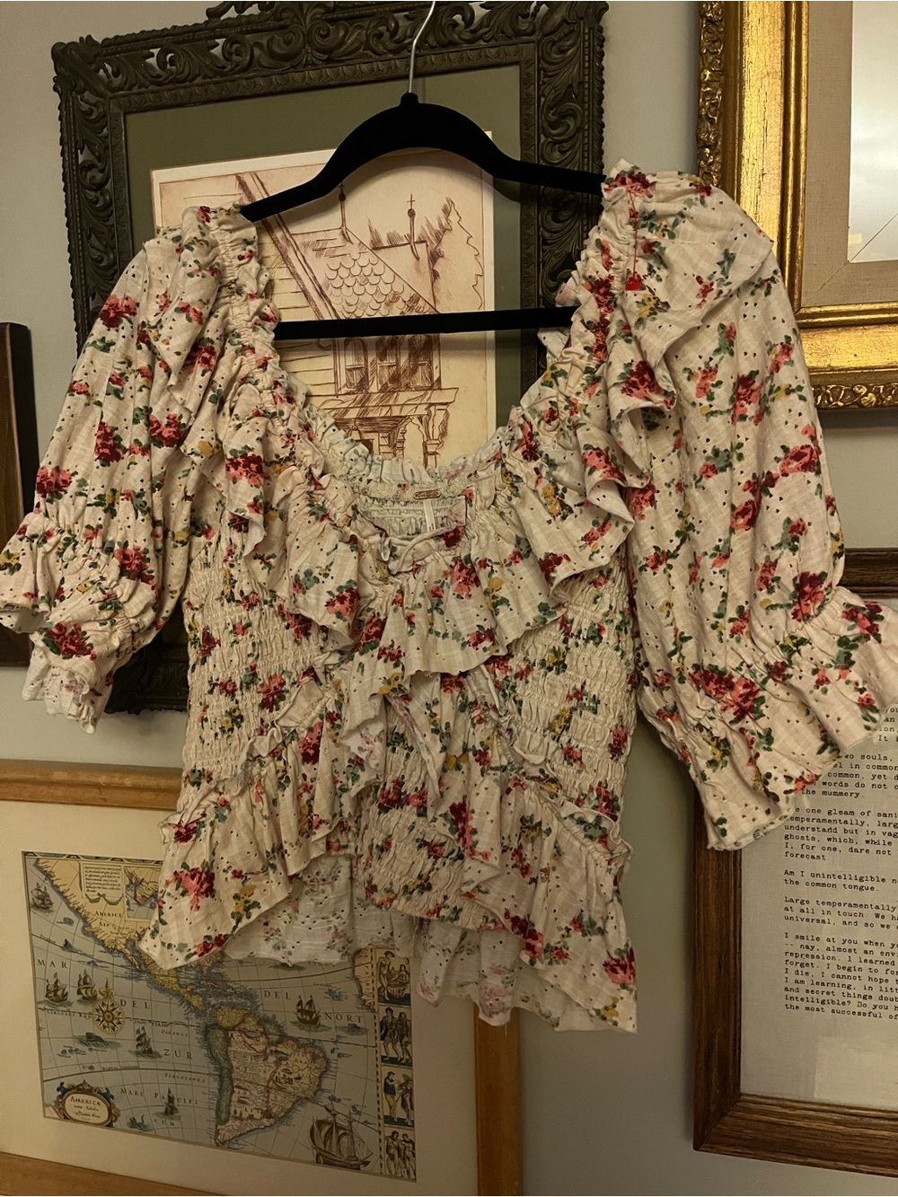 Free People Cream Floral Ruffle Peasant Blouse